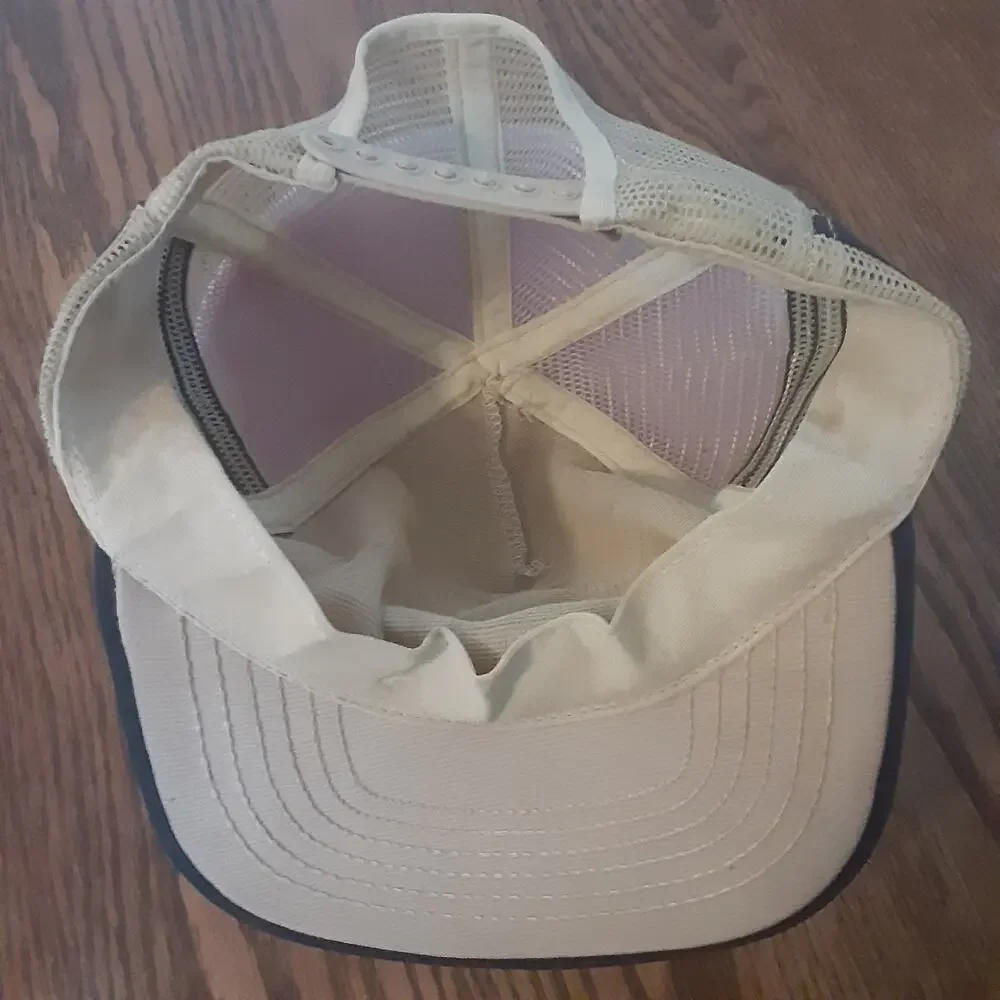 Vintage Alpha Tile We Know Tile 3 Stripe Trucker Hat Beige Blue